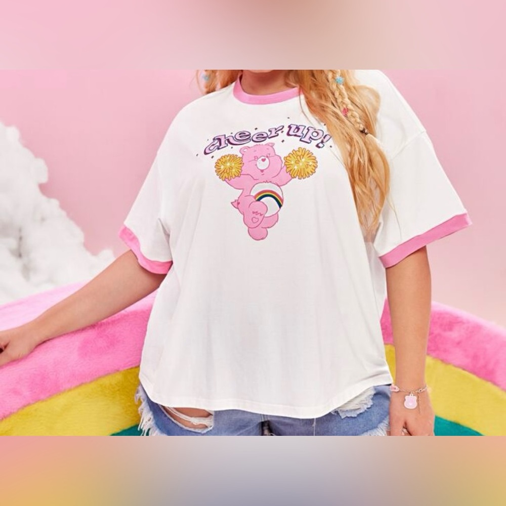 NEW 2 XL SHEIN X Care Bears Plus Bear & Slogan Graphic Drop Shoulder Ringer Tee